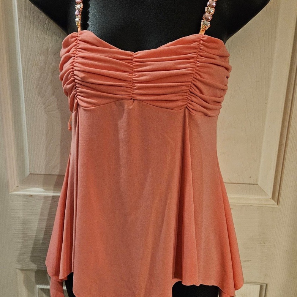 Vintage Y2K Ruched Cami Top with Jewels and Asymmetrical Hem